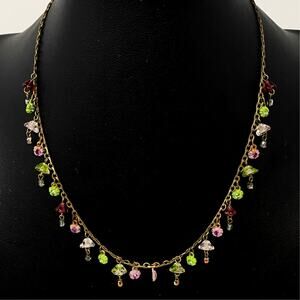 Signed MICHAEL NEGRIN Dainty Floral Necklace Pink Green Gold Tone 16 1/2" + 2"